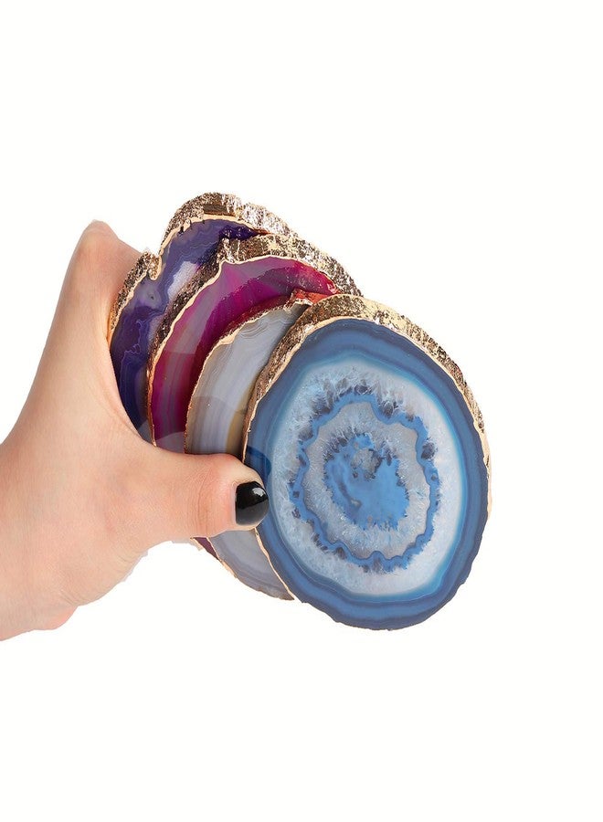 JIC Gem Mixed Color Agate Coasters Set of 4, Dyed Crystal Coaster for Drinks, Geode Agate Slice with Gold Edge, with Rubber Bumper,for Coffee Table,Home Decor (3－4") - Image 5