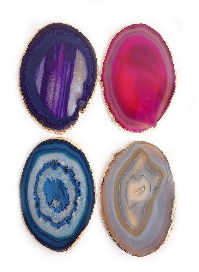 JIC Gem Mixed Color Agate Coasters Set of 4, Dyed Crystal Coaster for Drinks, Geode Agate Slice with Gold Edge, with Rubber Bumper,for Coffee Table,Home Decor (3－4") - Image 2