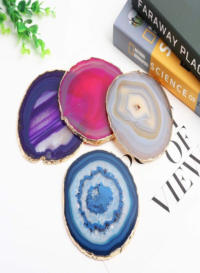 JIC Gem Mixed Color Agate Coasters Set of 4, Dyed Crystal Coaster for Drinks, Geode Agate Slice with Gold Edge, with Rubber Bumper,for Coffee Table,Home Decor (3－4") - Image 1