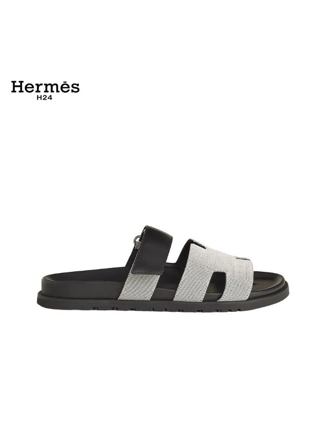 Hermes H24 صندل Hermes H24 Chypre للنساء مع شريط فيلكرو – قماش رمادي/أسود - Image 4