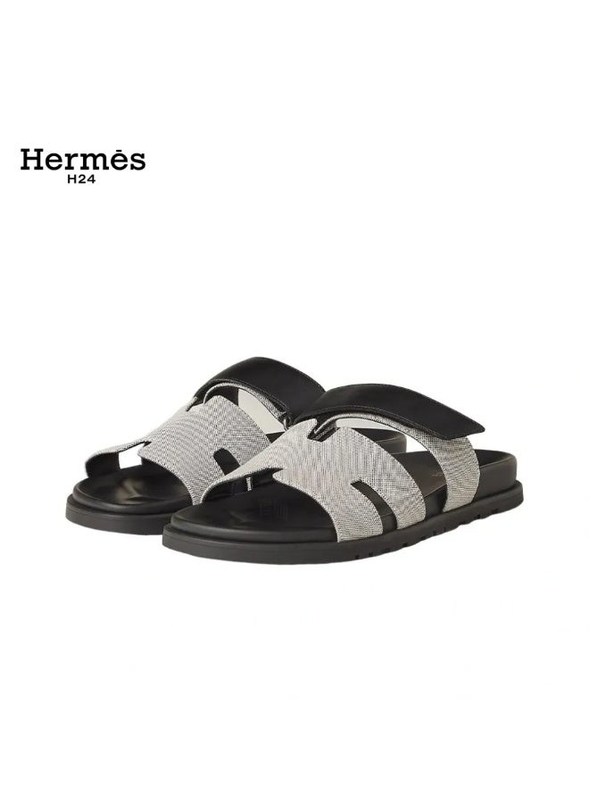 Hermes H24 صندل Hermes H24 Chypre للنساء مع شريط فيلكرو – قماش رمادي/أسود - Image 2