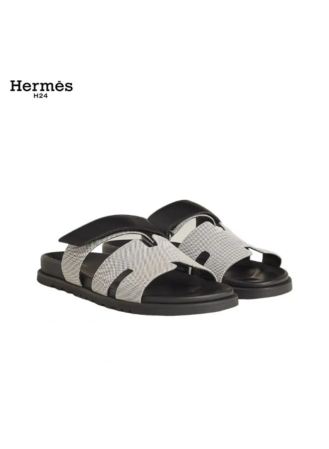 Hermes H24 صندل Hermes H24 Chypre للنساء مع شريط فيلكرو – قماش رمادي/أسود - Image 1