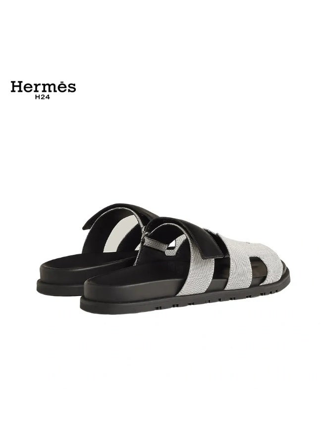 Hermes H24 صندل Hermes H24 Chypre للنساء مع شريط فيلكرو – قماش رمادي/أسود - Image 3