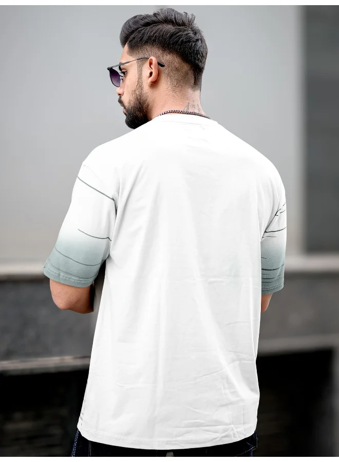 Maniac Mens Spray Print Round Neck 3/4th Sleeve White Cotton Oversized T-Shirt