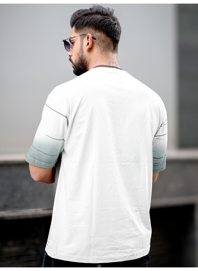 Maniac Mens Spray Print Round Neck 3/4th Sleeve White Cotton Oversized T-Shirt  - Image 4