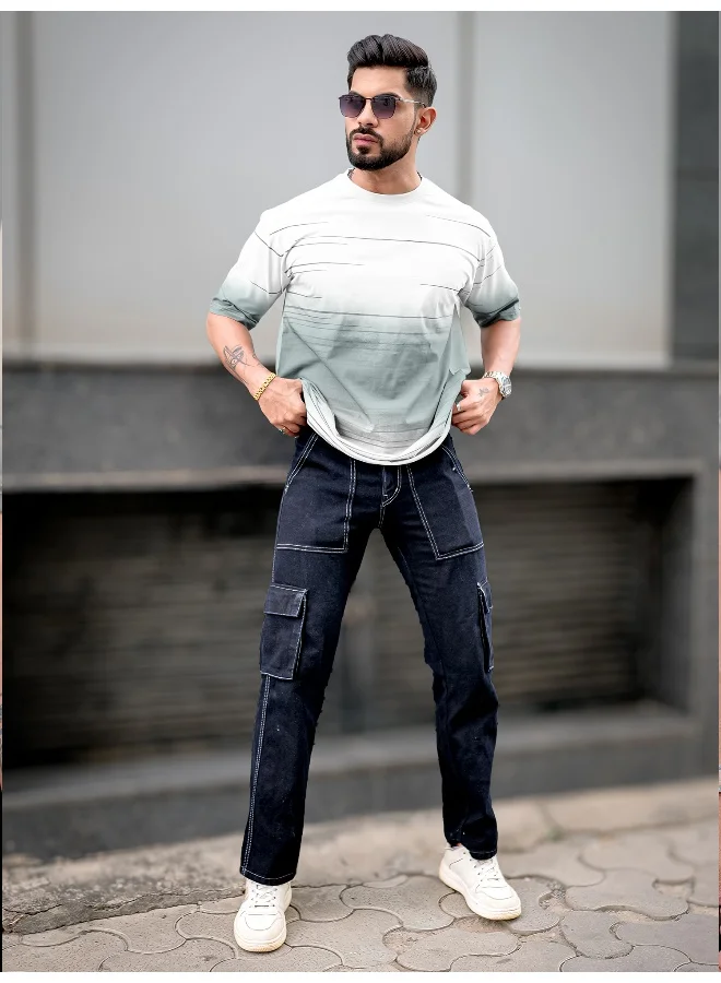 Maniac Mens Spray Print Round Neck 3/4th Sleeve White Cotton Oversized T-Shirt