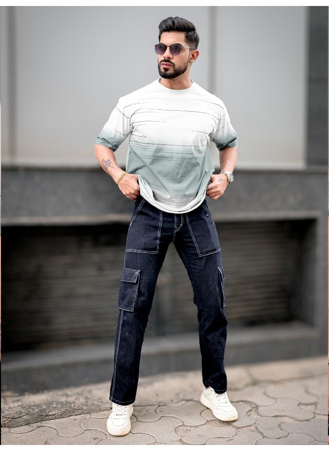 Maniac Mens Spray Print Round Neck 3/4th Sleeve White Cotton Oversized T-Shirt  - Image 5