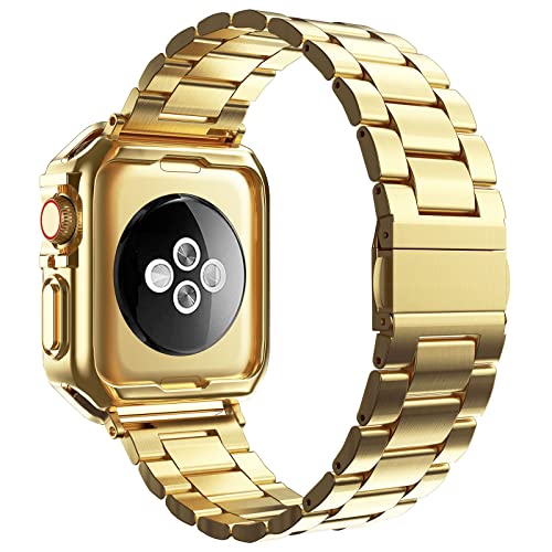 MRYUESG Compatible with Apple Watch Band and Case Stainless Steel Metal Chain with TPU Cover SmartWatch Link Bracelet Strap WristBand for iWatch Series 10 11 46mm Gold - Image 3