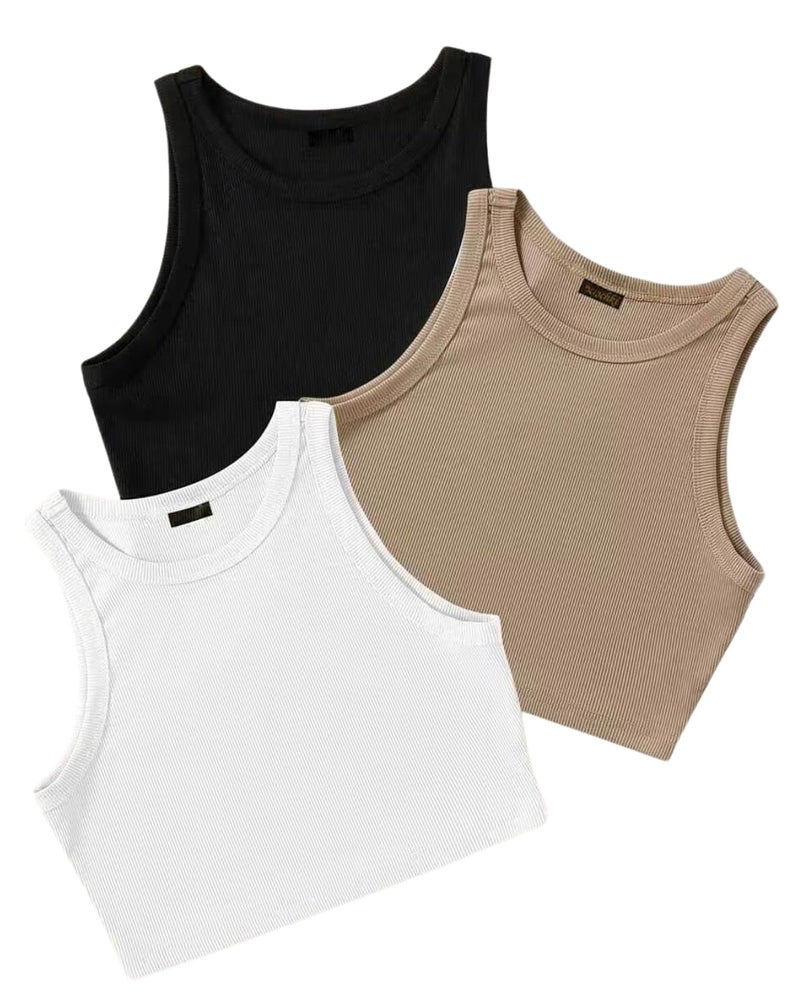 Berry&Bird (Pack of 3) Stylish Sleeveless Round Neck Ribbed Tank Tops for Women and Western Crop Top - Image 1