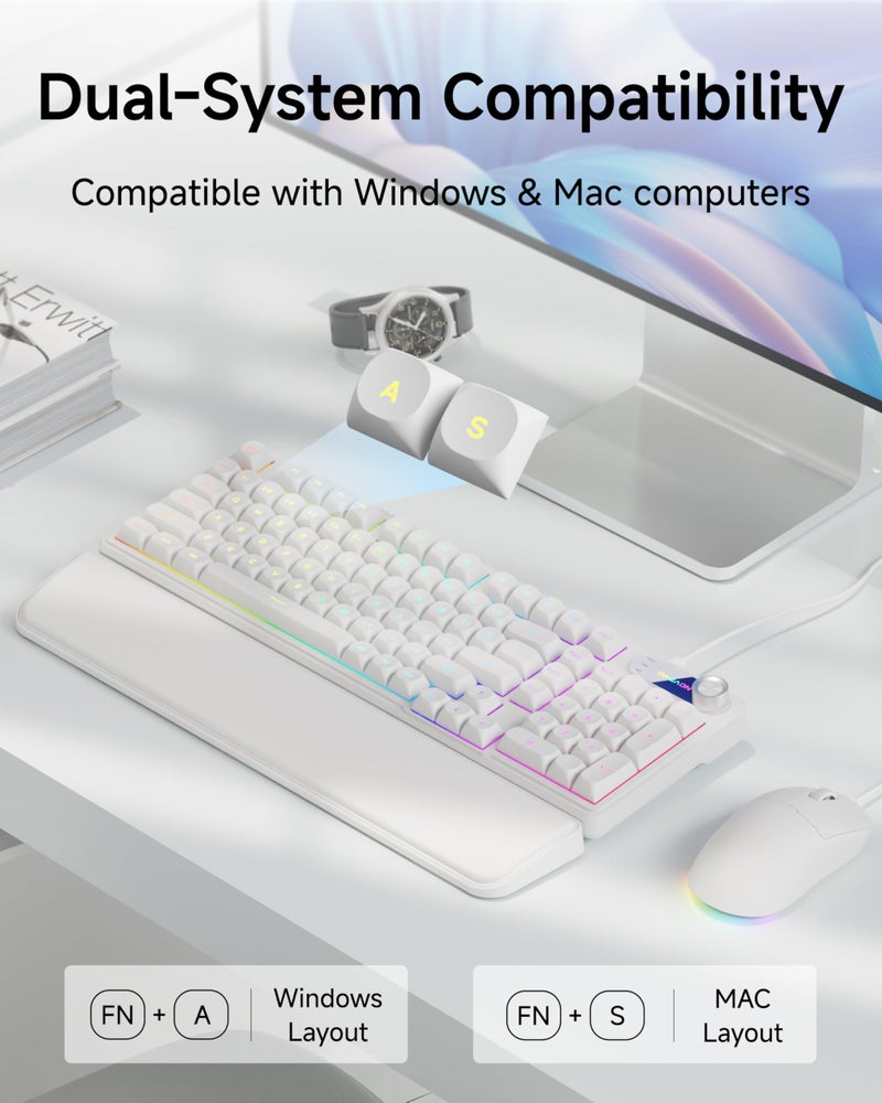 EWEADN C98 Gaming Keyboard and Mouse, Wired PC Gaming Keyboards with Multimedia Knob, Wrist Palm& 3200 DPI, RGB Backlit Computer Keyboard, Quiet Membrane Gaming Keyboard for Windows/MAC/Laptop (White) - Image 2