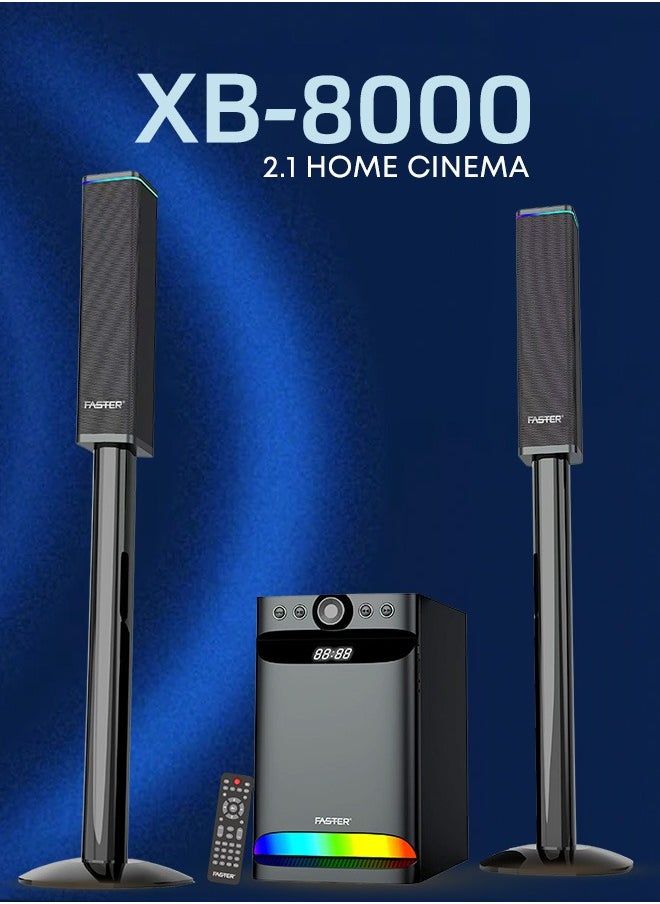 Faster XB8000 Soundbar with Subwoofer 90W- 8” Subwoofer 3” Satellite Speaker 2.1 Home Cinema RGB Powerful Bass- 5.0 Bluetooth Speaker Sound Bar Multiple Connectivity USB, BT, Aux & Remote Control- Multiple Device Inputs Smartphone Tablet Music Player  - Image 3