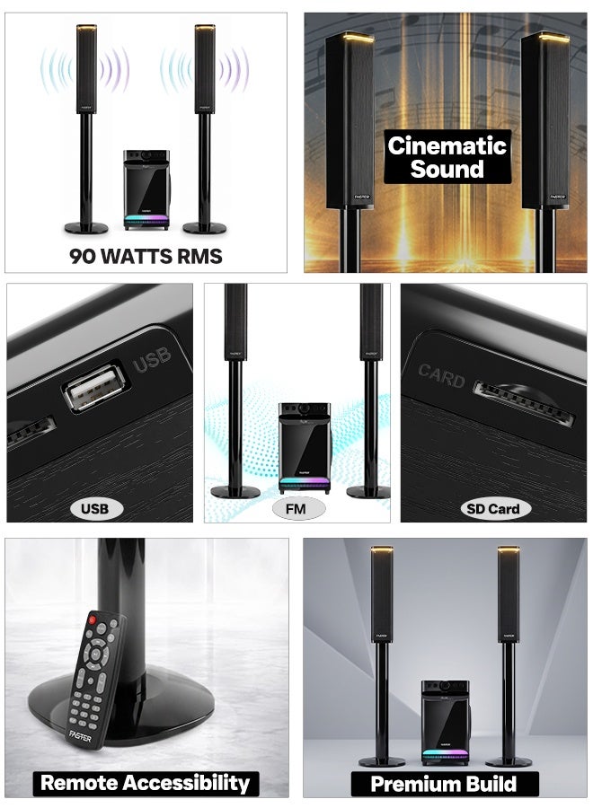 Faster XB8000 Soundbar with Subwoofer 90W- 8” Subwoofer 3” Satellite Speaker 2.1 Home Cinema RGB Powerful Bass- 5.0 Bluetooth Speaker Sound Bar Multiple Connectivity USB, BT, Aux & Remote Control- Multiple Device Inputs Smartphone Tablet Music Player - Image 2
