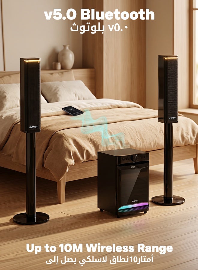 Faster XB8000 Soundbar with Subwoofer 90W- 8” Subwoofer 3” Satellite Speaker 2.1 Home Cinema RGB Powerful Bass- 5.0 Bluetooth Speaker Sound Bar Multiple Connectivity USB, BT, Aux & Remote Control- Multiple Device Inputs Smartphone Tablet Music Player - Image 5