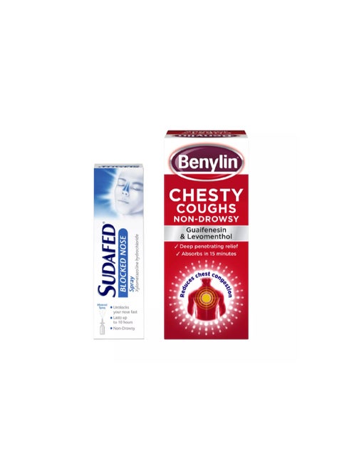 Chesty Cough and Blocked Nose Bundle -Benylin Chesty Coughs Non-Drowsy 150ml & Sudafed Blocked Nose Spray 15ml