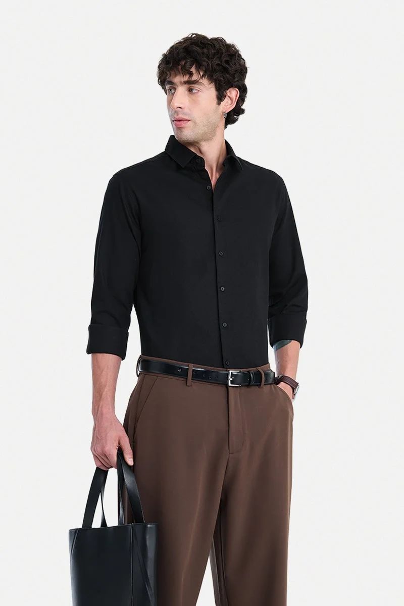 SNITCH Black Textured Long Sleeve Slim Fit Formal Shirt