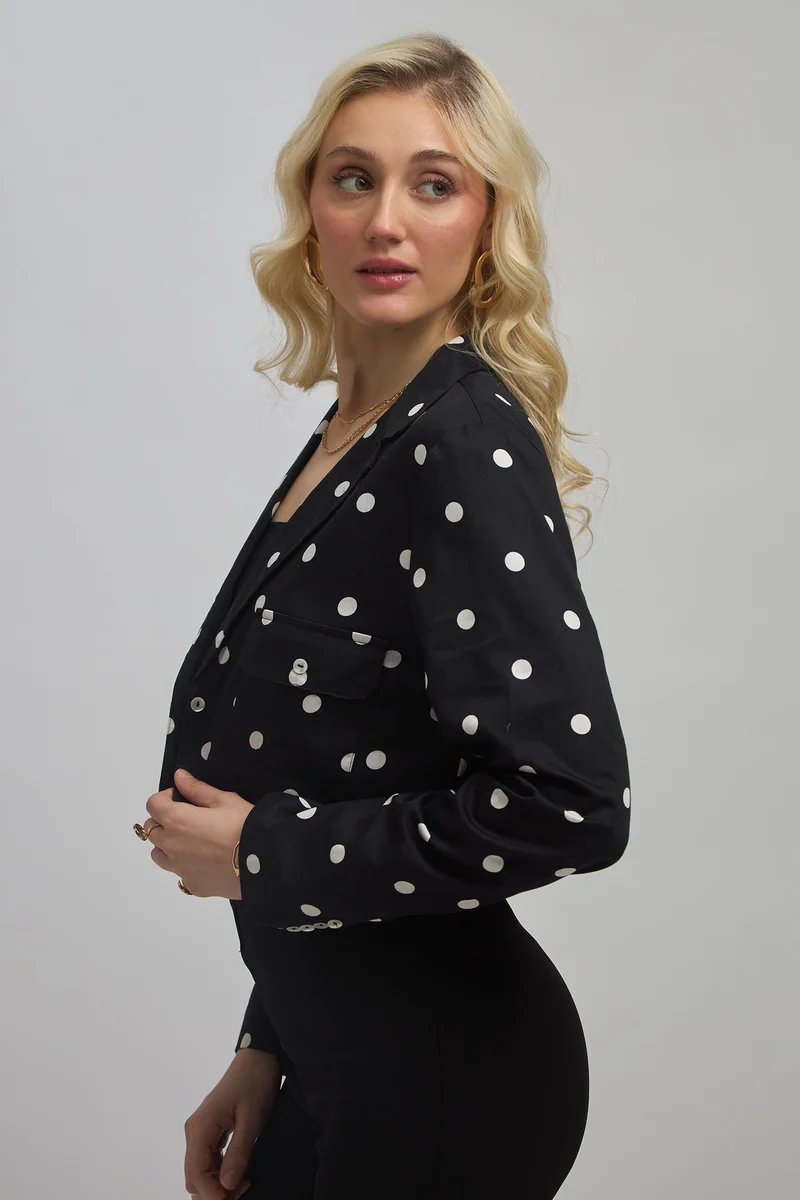 Virgio Black Printed  Cotton Polka Crop Blazer for Women for Women | Best Price UAE
