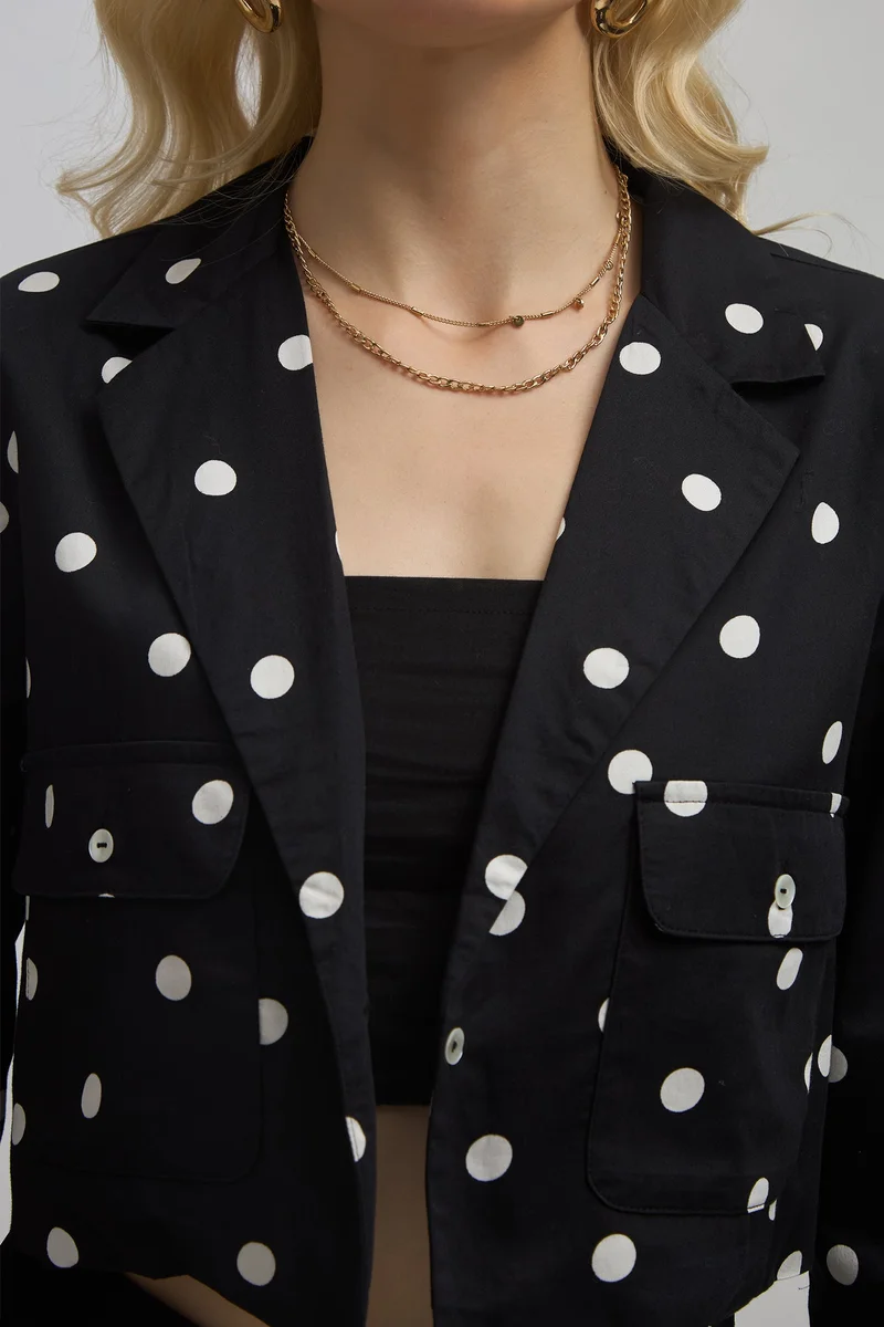 Virgio Black Printed  Cotton Polka Crop Blazer for Women for Women | Best Price UAE