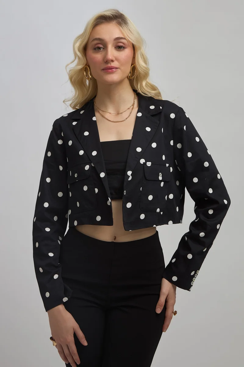 Virgio Black Printed  Cotton Polka Crop Blazer for Women for Women | Best Price UAE