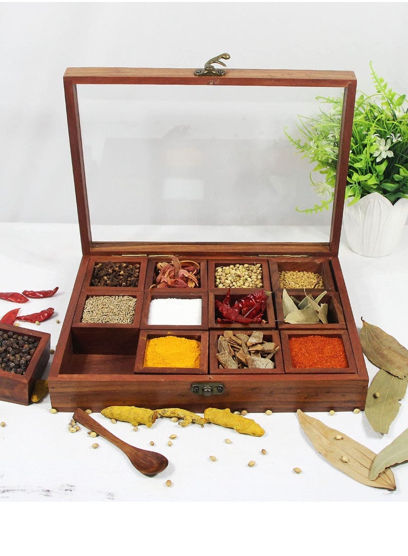 Star Cook Wooden Spice box, Masala Dabba with 9 compartment Round Shape, Made in India - Image 1