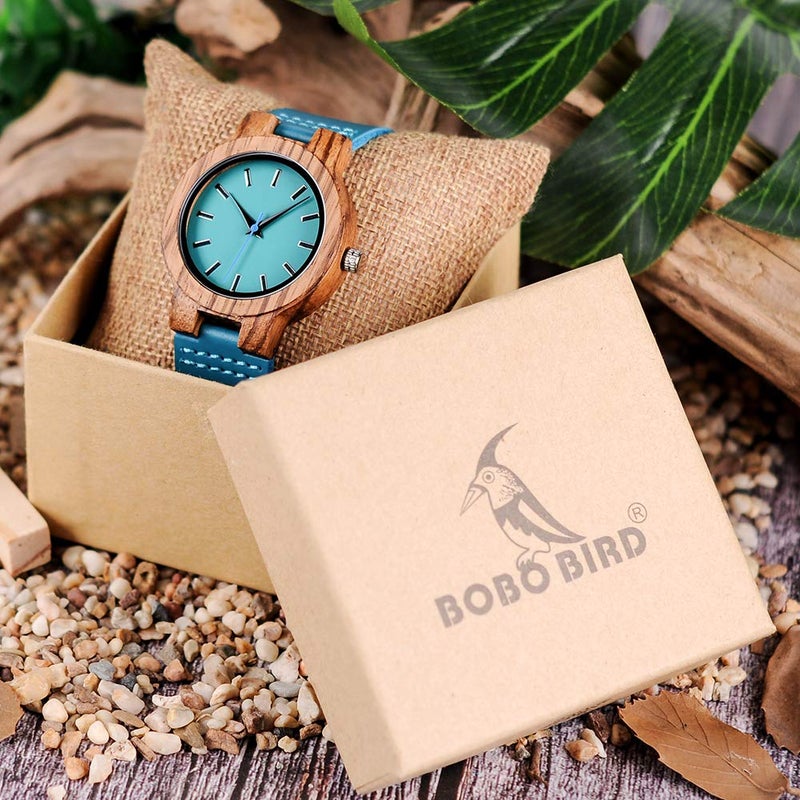BOBO BIRD ساعة بوبو بيرد النسائية من الخيزران الخشبي مع حزام جلد البقر الأزرق ساعات كاجوال للحب مع علبة - Image 2