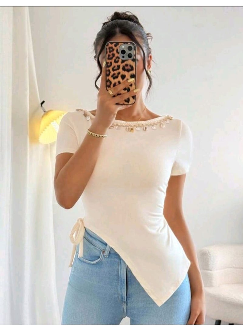 شي إن بلوزة شي إن مع حافة ياقة مزينة بشراشيب وشريط صدفي - Image 2