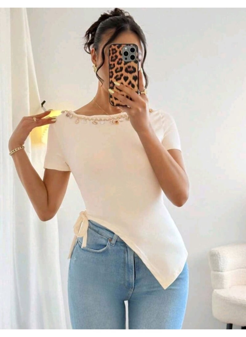 شي إن بلوزة شي إن مع حافة ياقة مزينة بشراشيب وشريط صدفي - Image 3