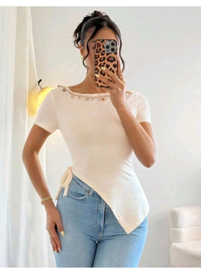 شي إن بلوزة شي إن مع حافة ياقة مزينة بشراشيب وشريط صدفي - Image 4