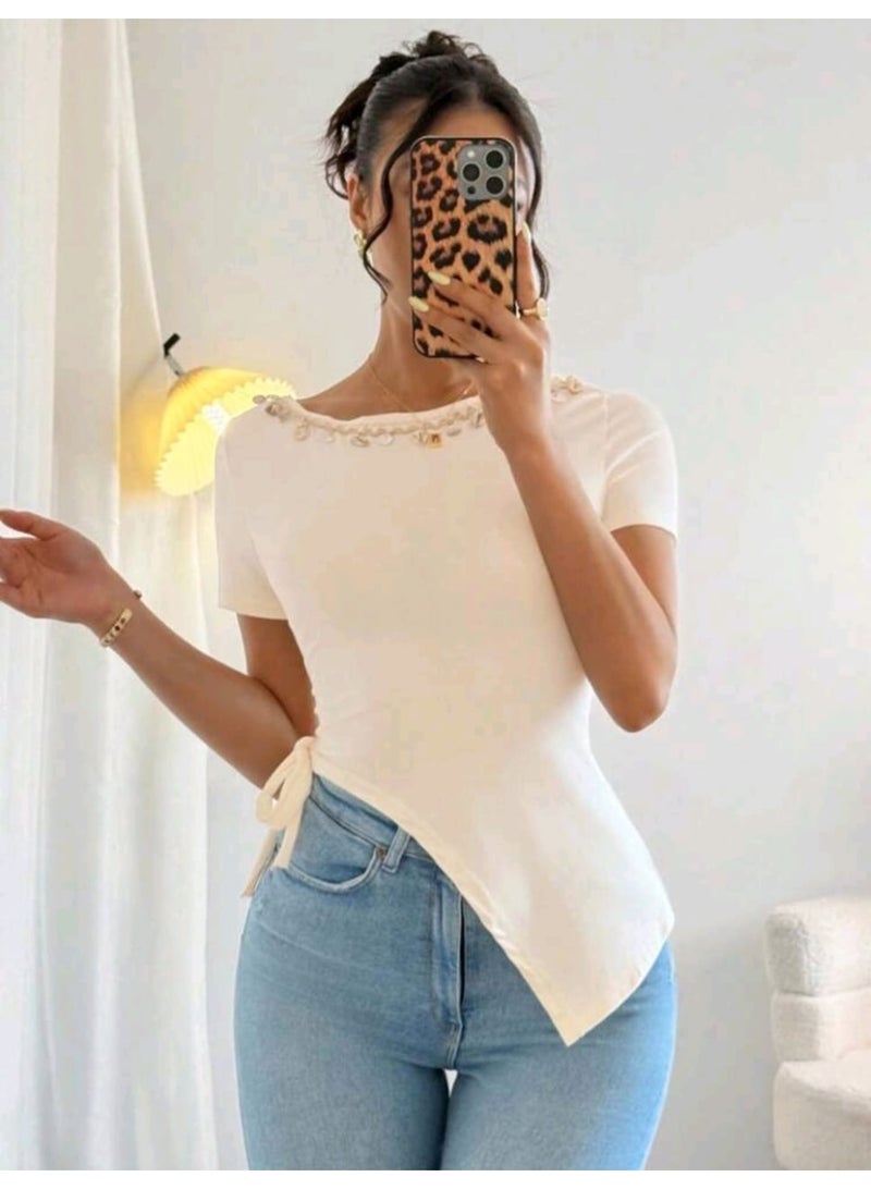 شي إن بلوزة شي إن مع حافة ياقة مزينة بشراشيب وشريط صدفي - Image 5