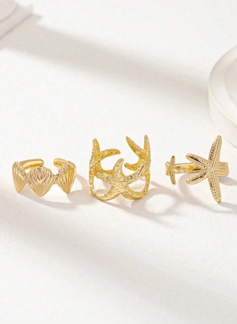 3pcs/Set Summer Vacation Beach Sea Star Starfish Design Golden Color Rings Set For Women - Image 2
