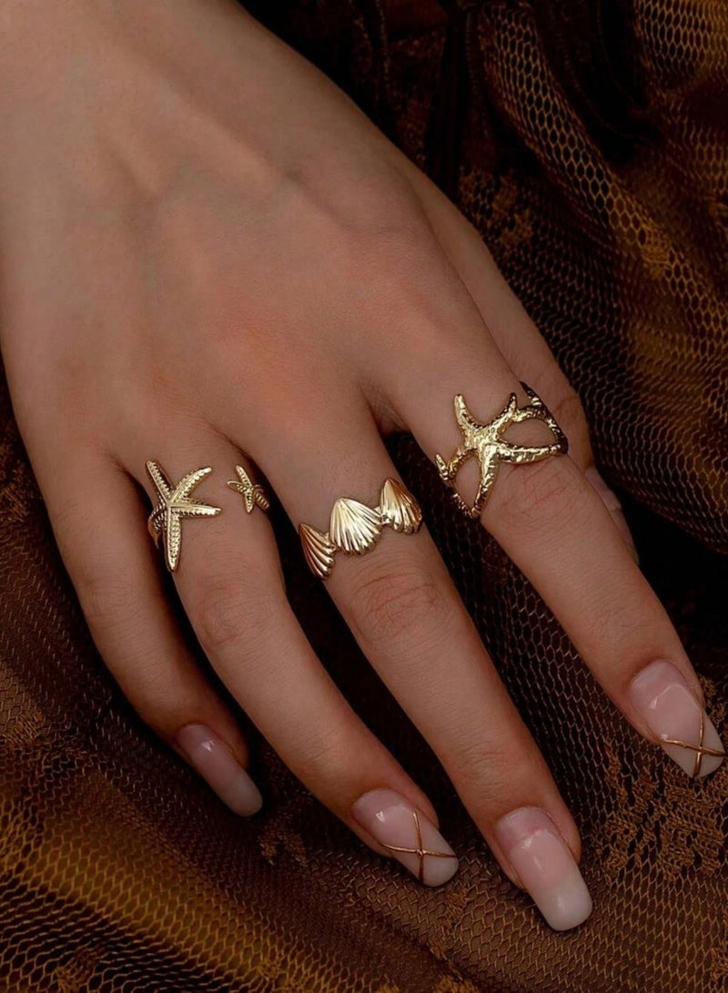 3pcs/Set Summer Vacation Beach Sea Star Starfish Design Golden Color Rings Set For Women - Image 1
