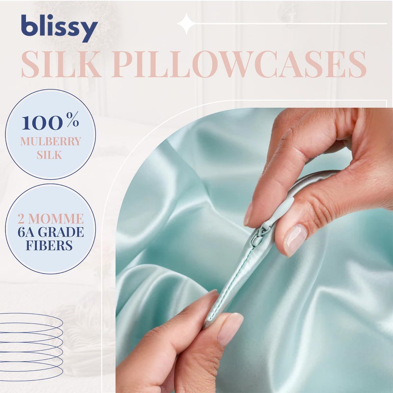 Blissy Silk Pillowcase - 100% Pure Mulberry Silk - 22 Momme 6A High-Grade Fibers - Silk Pillow Cover for Hair & Skin - Regular, Queen & King (Mint, Queen) - Image 5