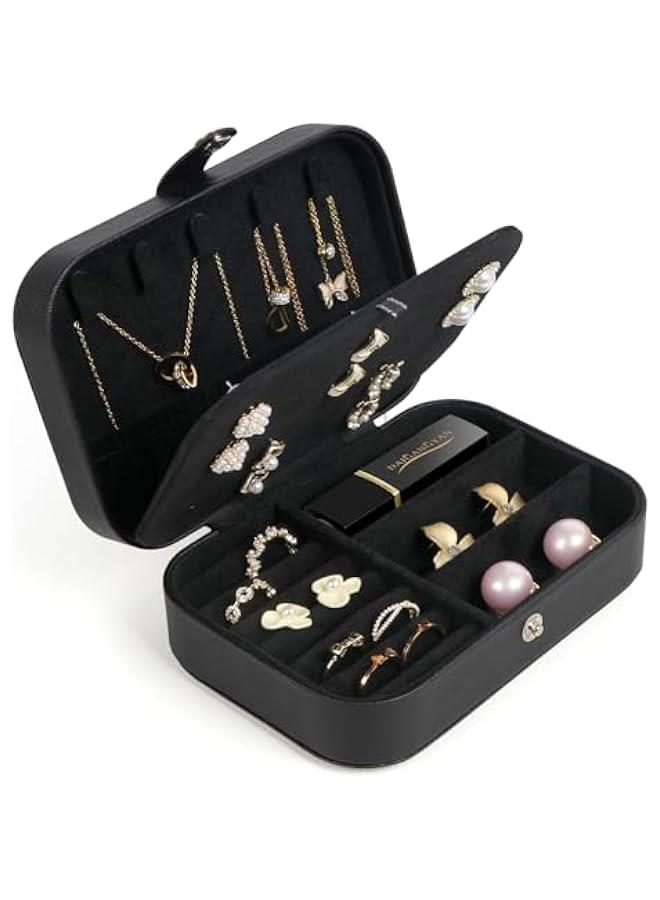 عربست صندوق مجوهرات للسفر، صندوق منظم صغير للنساء والفتيات، طبقتا صندوق مجوهرات للسفر، جلد PU محمول بتصميم أنيق لتخزين الأقراط والخواتم والقلائد والأساور - أسود - Image 2