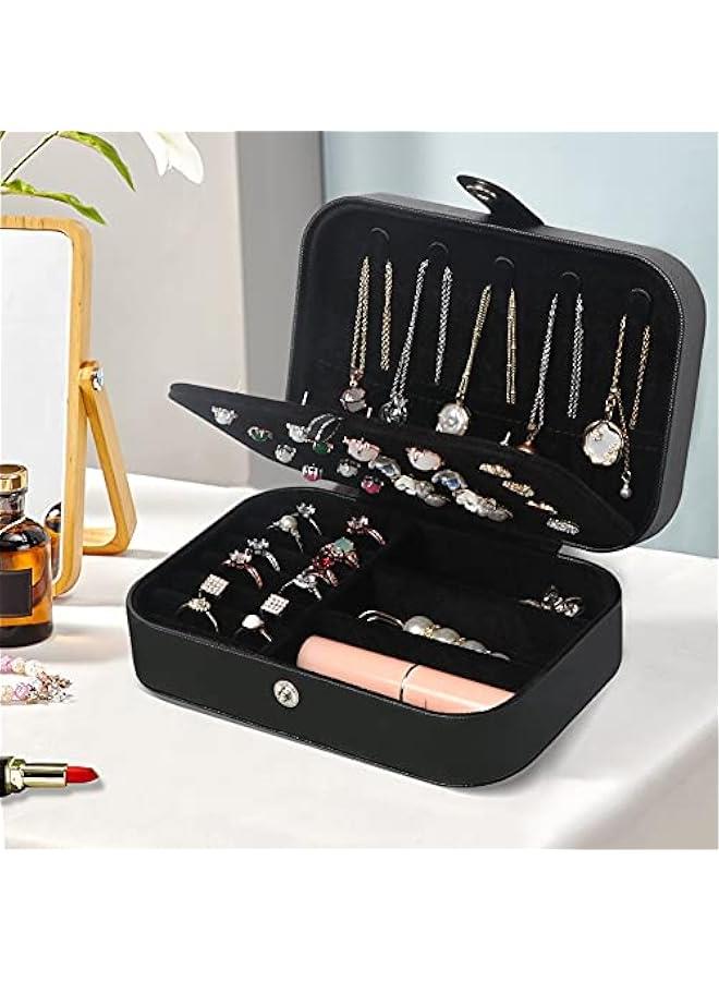 عربست صندوق مجوهرات للسفر، صندوق منظم صغير للنساء والفتيات، طبقتا صندوق مجوهرات للسفر، جلد PU محمول بتصميم أنيق لتخزين الأقراط والخواتم والقلائد والأساور - أسود - Image 3