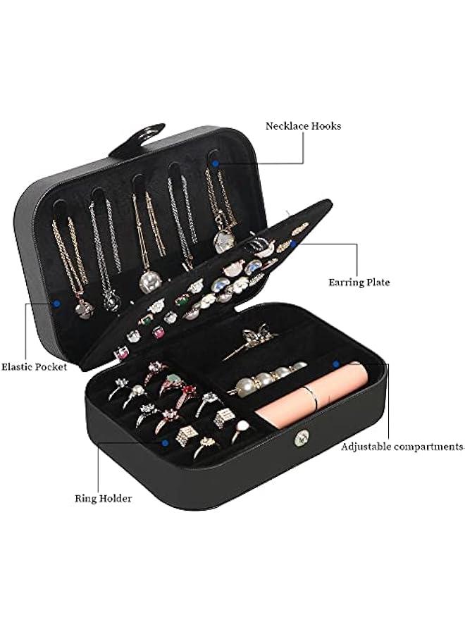 عربست صندوق مجوهرات للسفر، صندوق منظم صغير للنساء والفتيات، طبقتا صندوق مجوهرات للسفر، جلد PU محمول بتصميم أنيق لتخزين الأقراط والخواتم والقلائد والأساور - أسود - Image 4