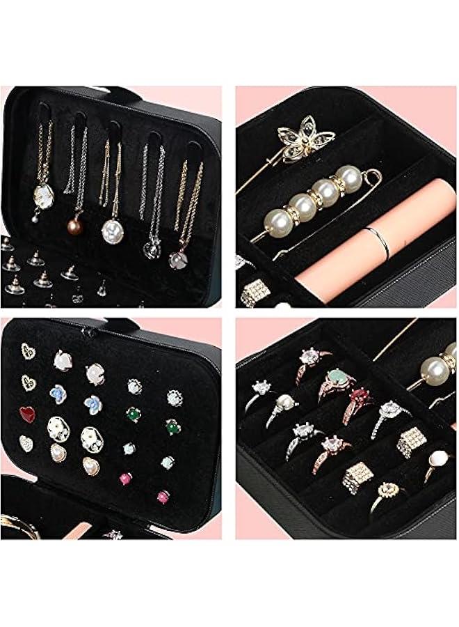 عربست صندوق مجوهرات للسفر، صندوق منظم صغير للنساء والفتيات، طبقتا صندوق مجوهرات للسفر، جلد PU محمول بتصميم أنيق لتخزين الأقراط والخواتم والقلائد والأساور - أسود - Image 5