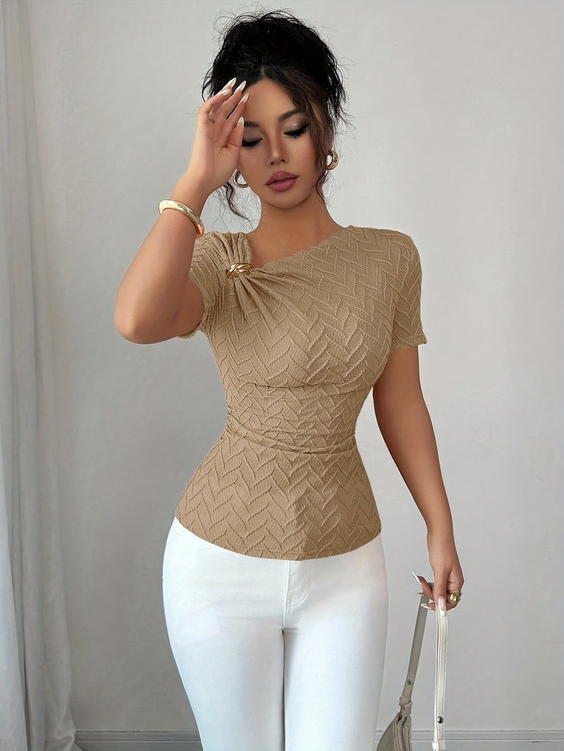 Women'S Elegant Irregular Neckline Metal Buckle Decorated Short - Sleeved T - Shirt - Khaki / S - Image 5