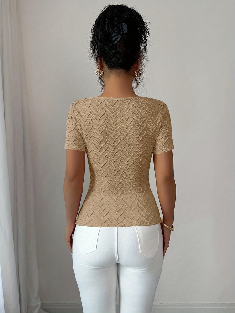 Women'S Elegant Irregular Neckline Metal Buckle Decorated Short - Sleeved T - Shirt - Khaki / S - Image 2