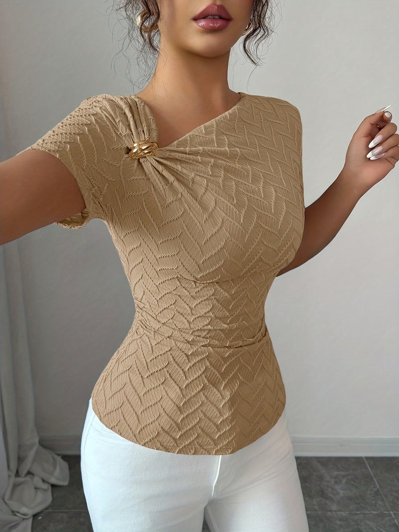 Women'S Elegant Irregular Neckline Metal Buckle Decorated Short - Sleeved T - Shirt - Khaki / S - Image 3