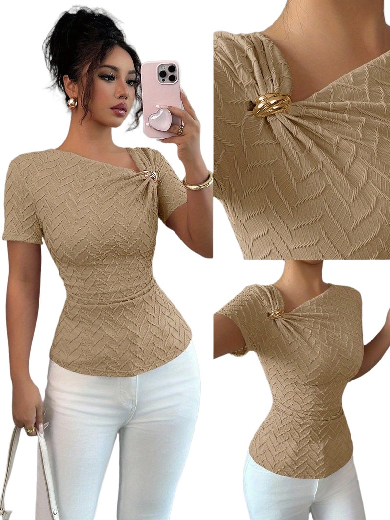 Women'S Elegant Irregular Neckline Metal Buckle Decorated Short - Sleeved T - Shirt - Khaki / S - Image 1
