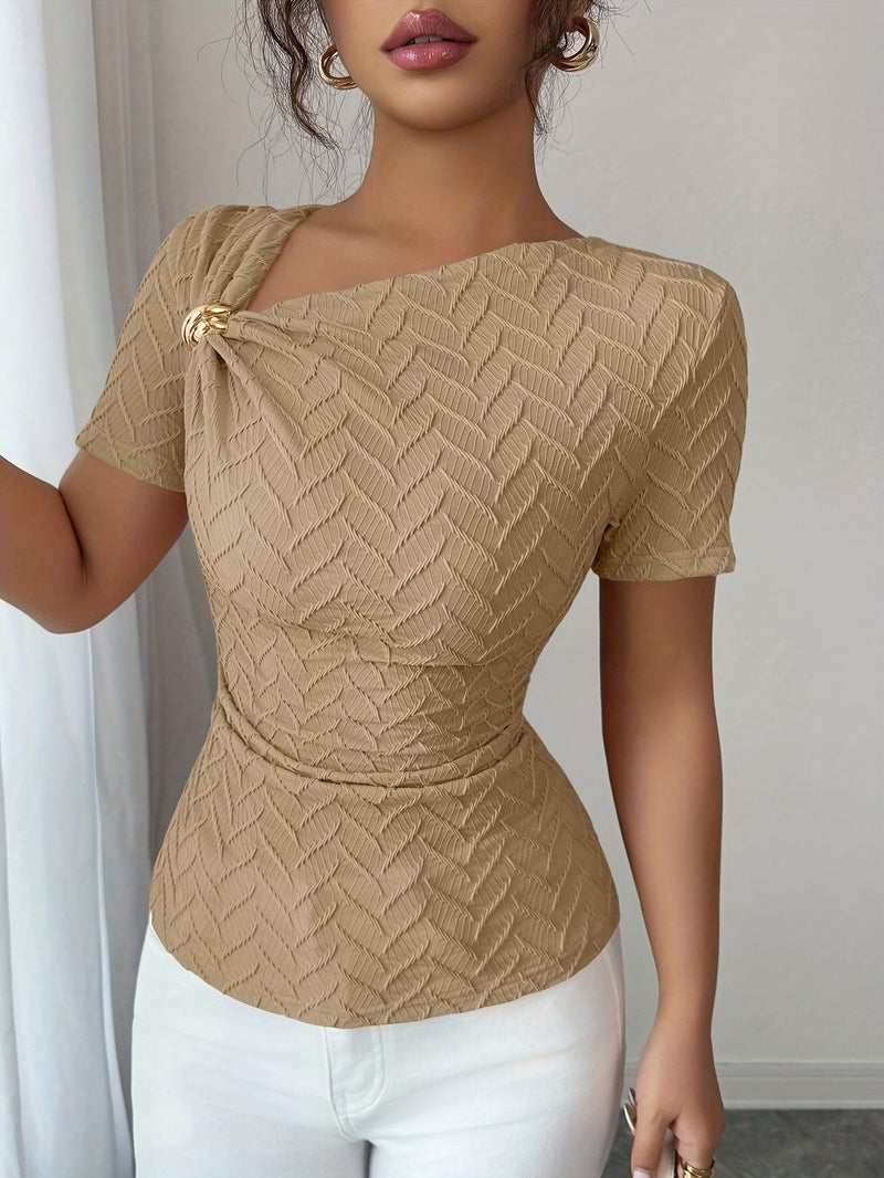 Women'S Elegant Irregular Neckline Metal Buckle Decorated Short - Sleeved T - Shirt - Khaki / S - Image 4