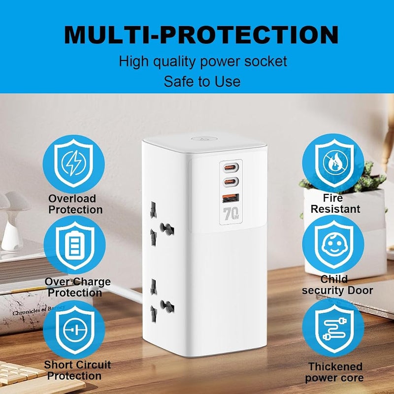 هوتيون شريط طاقة تمديدي 7 في 1، 4 منافذ عامة، 2 منفذ USB-C و2 منفذ USB-A، 13A 3250W مع مفتاح، تمديد مدمج للمكتب، المنزل، المكتب والسفر - Image 4