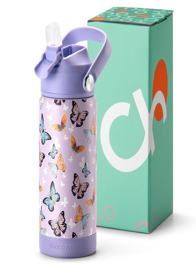 Choco Mocha Kids Insulated Water Bottle for Girls with Straw for School Stainless Steel with Handle Insulated Spill Proof Water Bottle for Kids 14 Oz,Purple Butterfly - Image 1