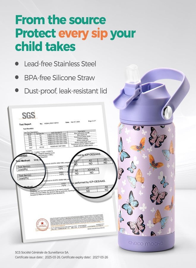 Choco Mocha Kids Insulated Water Bottle for Girls with Straw for School Stainless Steel with Handle Insulated Spill Proof Water Bottle for Kids 14 Oz,Purple Butterfly - Image 5