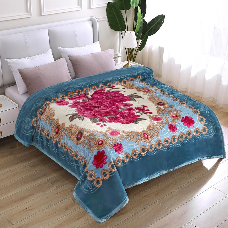 JYK Korean Mink Fleece Flannel Blanket Queen Size 75"" x 87""  5 Pounds - 2 Ply Reversible Silky Soft Plush Warm  Comfy Blanket for Autumn  Winter - Blue/Peony - Image 5