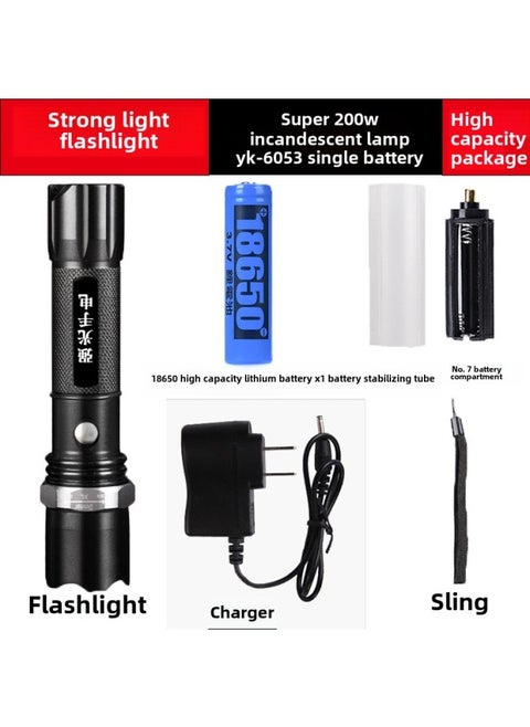 LED Flashlight Rechargeable Multi-functional Super Bright Long-range Household Outdoor Emergency Portable Small Waterproof Flash-Product Specifications:Deluxe Configuration: Ultra-200w Incandescent Lamp, High-capacity Single Battery