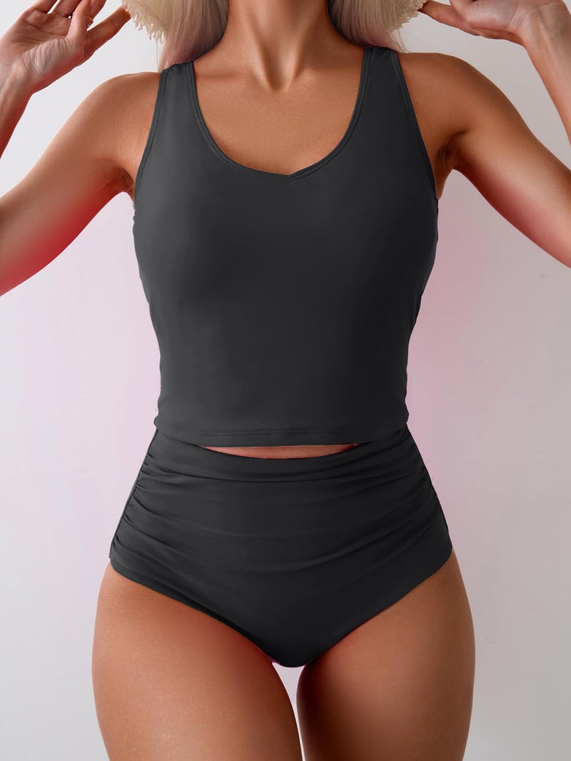 Eomenie Two Piece Tankini Swimsuits for Women Tummy Control Bathing Suits Cutout Back Swim Tank Top with High Waisted Bottom Black - Image 5