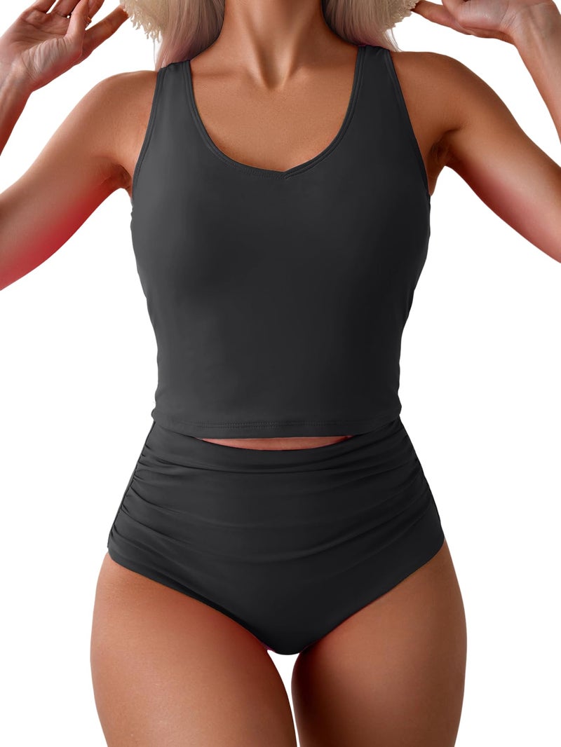 Eomenie Two Piece Tankini Swimsuits for Women Tummy Control Bathing Suits Cutout Back Swim Tank Top with High Waisted Bottom Black - Image 1