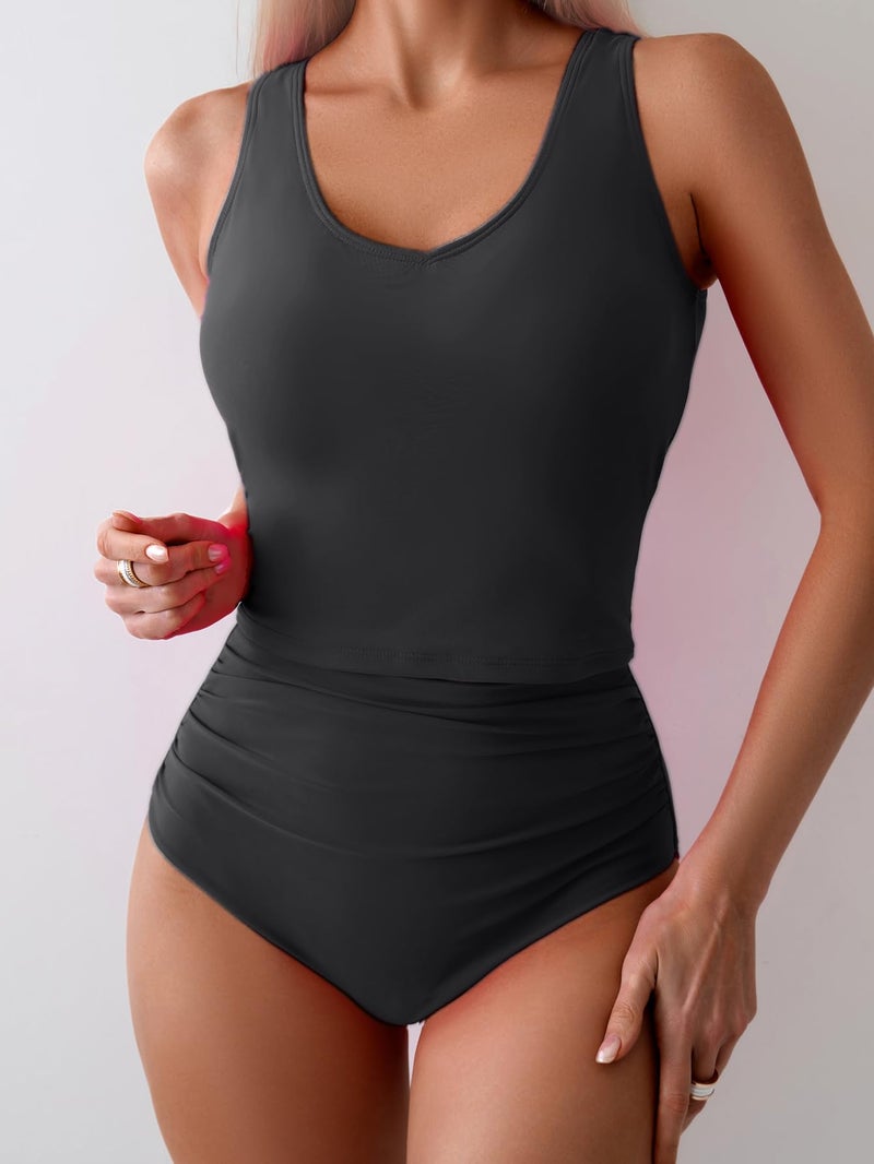 Eomenie Two Piece Tankini Swimsuits for Women Tummy Control Bathing Suits Cutout Back Swim Tank Top with High Waisted Bottom Black - Image 4
