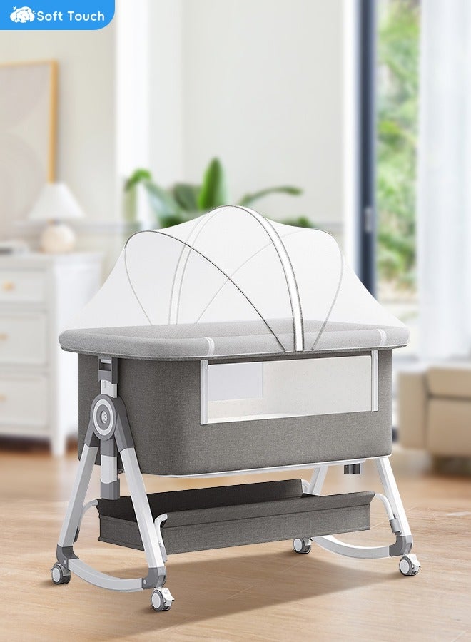 4 In 1 Baby Bedside Crib Toddler Bed with 6 Height Adjustable Foldable Infant Bessinet with Storage Basket Baby Sleeping Bed with Soft Mattress and Mosquito Net for Infant Newborn