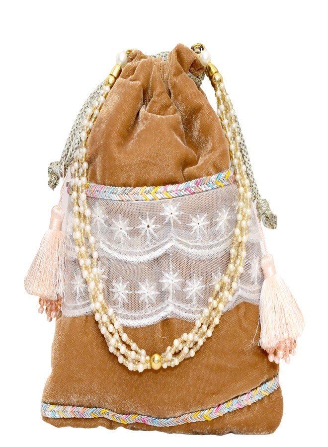 Dulhan Velvet Potli Bag with Pearl Handle | Sequin Tissue Lace Zari Tassels and Resham Dori | Camel Brown Soft Padded Wedding Shagun Pouch for Return Gifts, Wedding, Winter and Festive Use -Pack of 1 - Image 1